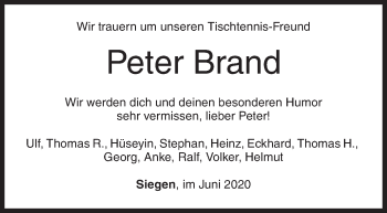 Traueranzeige von Peter Brand von Siegener Zeitung
