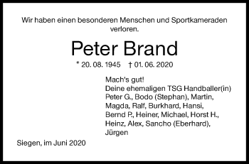 Traueranzeige von Peter Brand von Siegener Zeitung