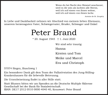 Traueranzeige von Peter Brand von Siegener Zeitung