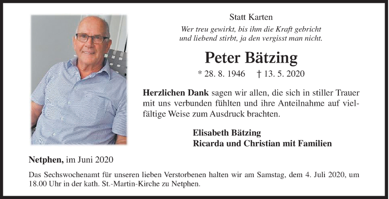  Traueranzeige für Peter Bätzing vom 27.06.2020 aus Siegener Zeitung