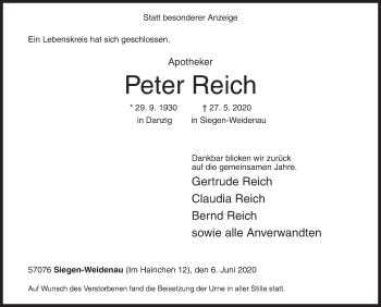 Traueranzeige von Peter Reich von Siegener Zeitung
