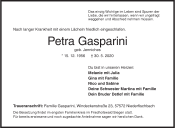 Traueranzeige von Petra Gasparini von Siegener Zeitung