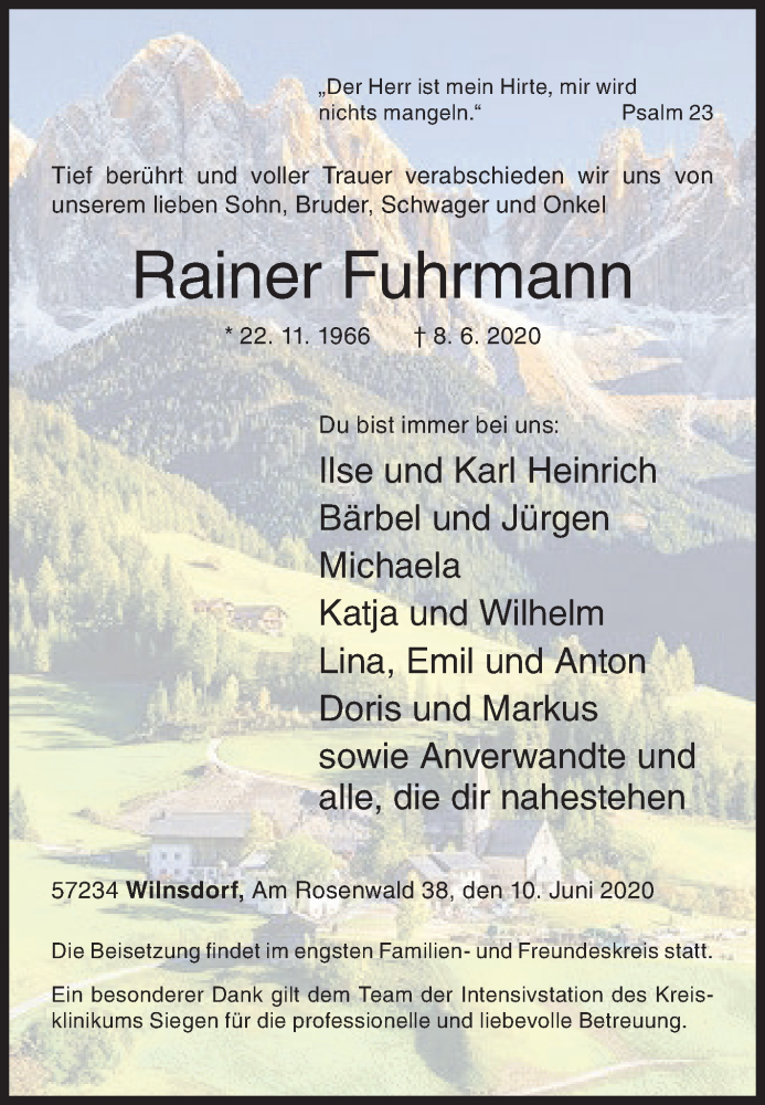  Traueranzeige für Rainer Fuhrmann vom 10.06.2020 aus Siegener Zeitung