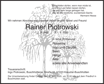 Traueranzeige von Rainer Piotrowski von Siegener Zeitung