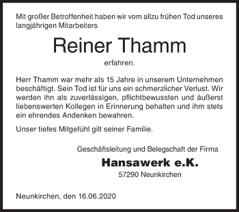 Traueranzeige von Reiner Thamm von Siegener Zeitung