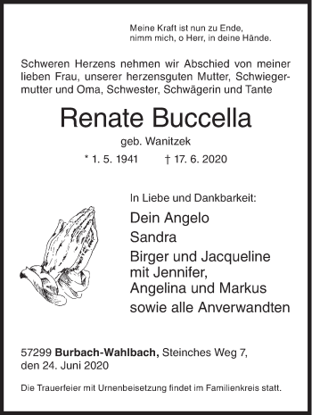 Traueranzeige von Renate Buccella von Siegener Zeitung