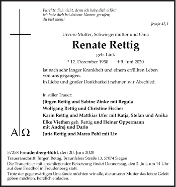 Traueranzeige von Renate Rettig von Siegener Zeitung
