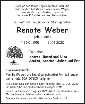 Traueranzeige von Renate Weber von Siegener Zeitung