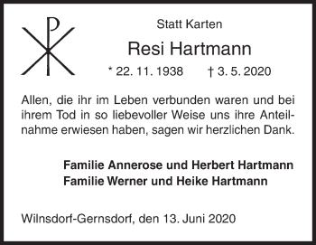 Traueranzeige von Resi Hartmann von Siegener Zeitung