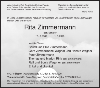 Traueranzeige von Rita Zimmermann von Siegener Zeitung