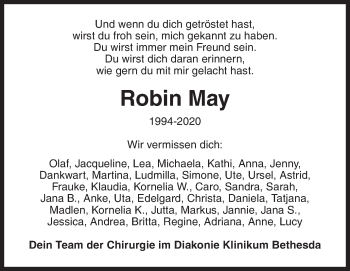 Traueranzeige von Robin May von Siegener Zeitung