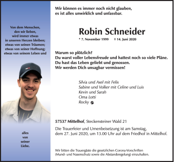 Traueranzeige von Robin Schneider von Siegener Zeitung