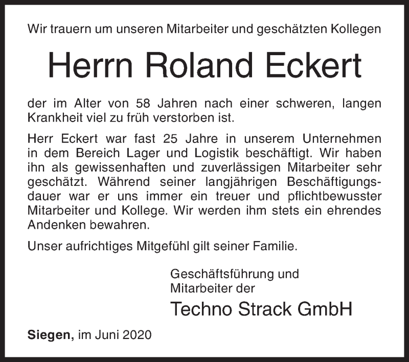  Traueranzeige für Roland Eckert vom 06.06.2020 aus Siegener Zeitung