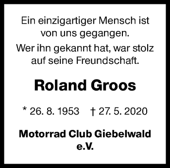 Traueranzeige von Roland Groos von Siegener Zeitung