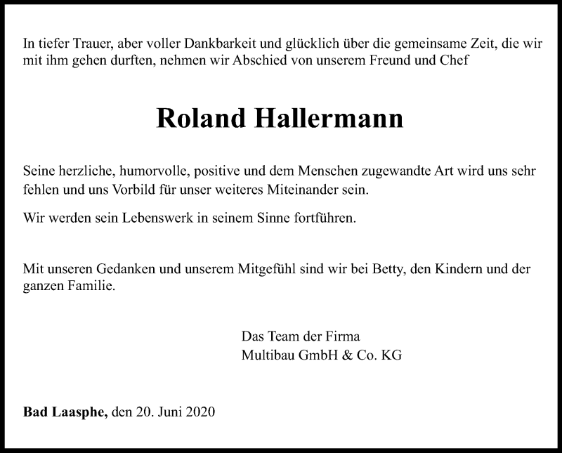  Traueranzeige für Roland Hallermann vom 20.06.2020 aus Siegener Zeitung