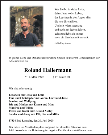 Traueranzeige von Roland Hallermann von Siegener Zeitung