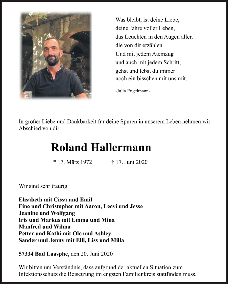  Traueranzeige für Roland Hallermann vom 20.06.2020 aus Siegener Zeitung