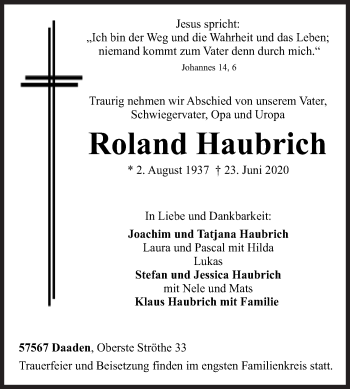 Traueranzeige von Roland Haubrich von Siegener Zeitung