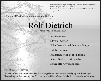 Traueranzeige von Rolf Dietrich von Siegener Zeitung
