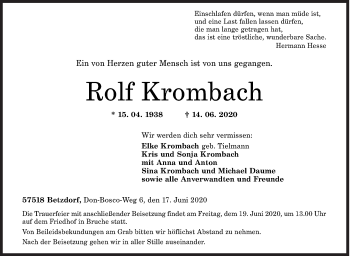 Traueranzeige von Rolf Krombach von Siegener Zeitung