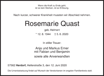 Traueranzeige von Rosemarie Quast von Siegener Zeitung