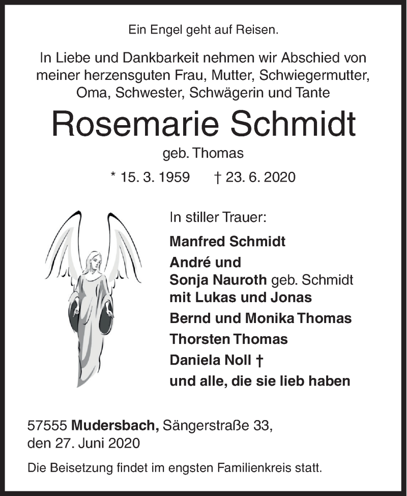  Traueranzeige für Rosemarie Schmidt vom 27.06.2020 aus Siegener Zeitung