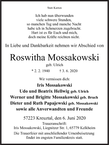 Traueranzeige von Roswitha Mossakowski von Siegener Zeitung
