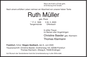 Traueranzeige von Ruth Müller von Siegener Zeitung