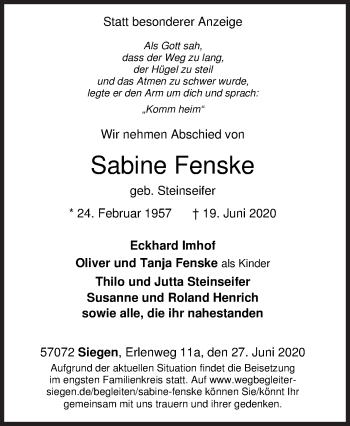 Traueranzeige von Sabine Fenske von Siegener Zeitung