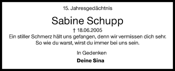 Traueranzeige von Sabine Schupp von Siegener Zeitung