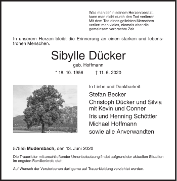 Traueranzeige von Sibylle Dücker von Siegener Zeitung