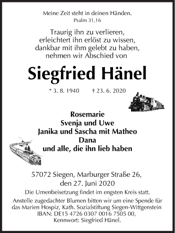 Traueranzeige von Siegfried Hänel von Siegener Zeitung