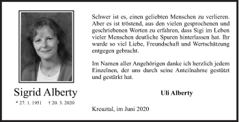 Traueranzeige von Sigrid Alberty von Siegener Zeitung