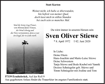 Traueranzeige von Sven Oliver Stiewe von Siegener Zeitung