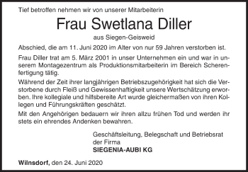 Traueranzeige von Swetlana Diller von Siegener Zeitung