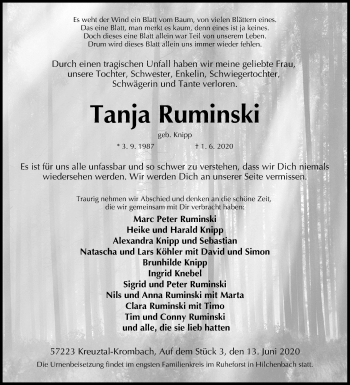 Traueranzeige von Tanja Ruminski von Siegener Zeitung
