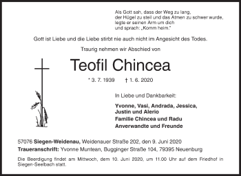 Traueranzeige von Teofil Chincea von Siegener Zeitung