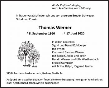 Traueranzeige von Thomas Werner von Siegener Zeitung