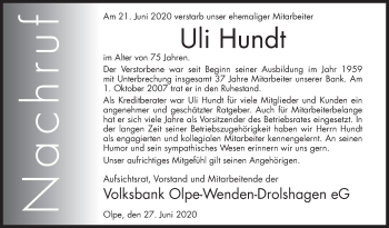 Traueranzeige von Uli Hundt von Siegener Zeitung