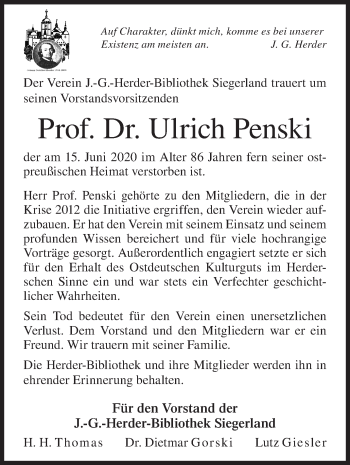 Traueranzeige von Ulrich Penski von Siegener Zeitung