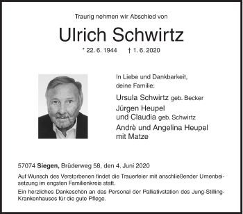 Traueranzeige von Ulrich Schwirtz von Siegener Zeitung