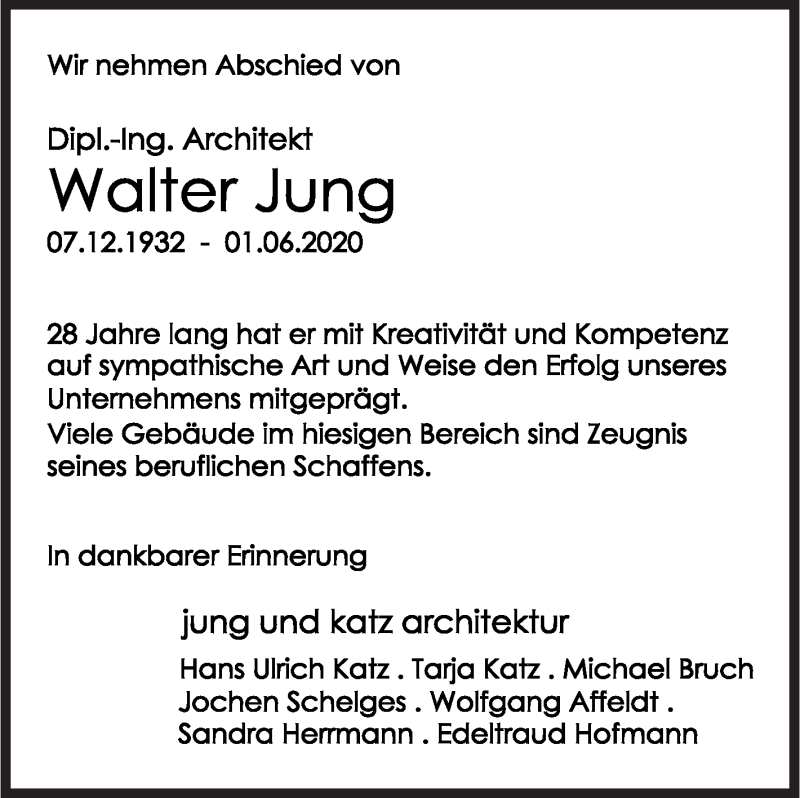  Traueranzeige für Walter Jung vom 06.06.2020 aus Siegener Zeitung