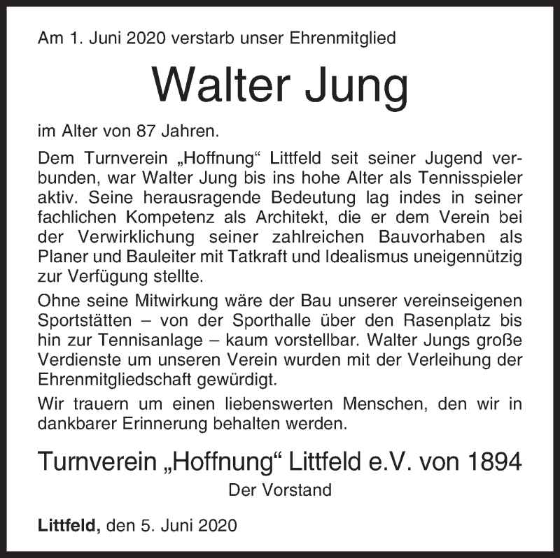  Traueranzeige für Walter Jung vom 05.06.2020 aus Siegener Zeitung