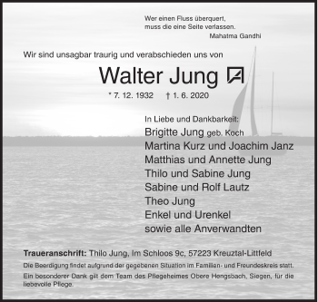 Traueranzeige von Walter Jung von Siegener Zeitung