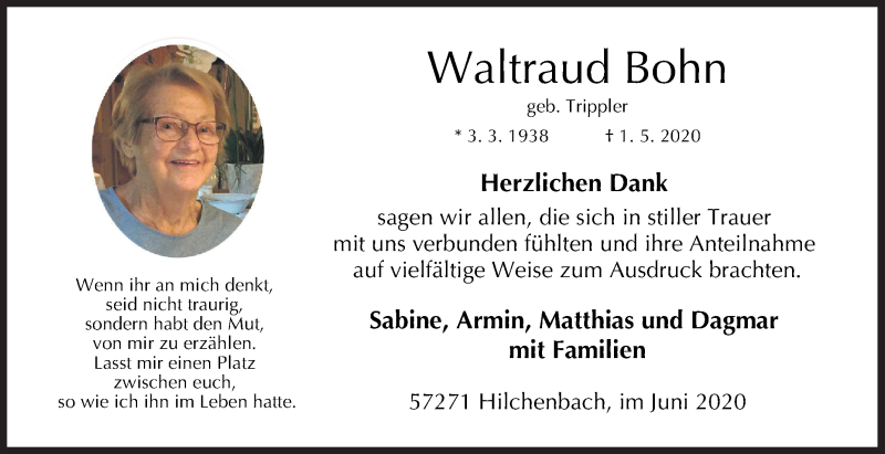  Traueranzeige für Waltraud Bohn vom 20.06.2020 aus Siegener Zeitung