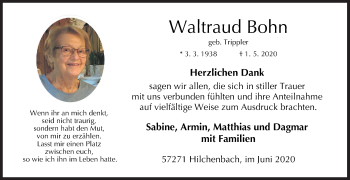 Traueranzeige von Waltraud Bohn von Siegener Zeitung
