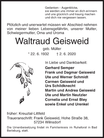 Traueranzeige von Waltraud Geisweid von Siegener Zeitung