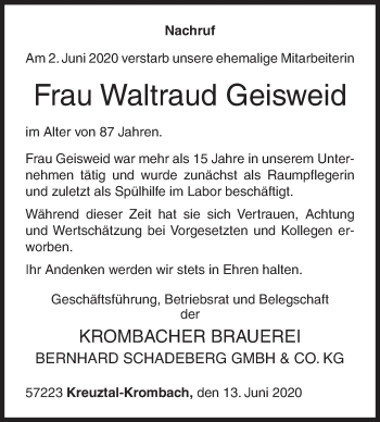 Traueranzeige von Waltraud Geisweid von Siegener Zeitung
