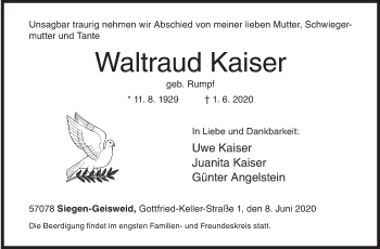 Traueranzeige von Waltraud Kaiser von Siegener Zeitung