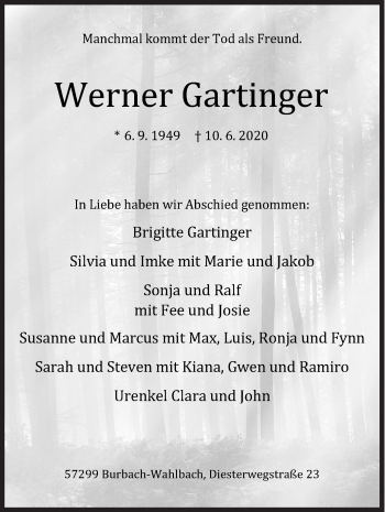 Traueranzeige von Werner Gartinger von Siegener Zeitung